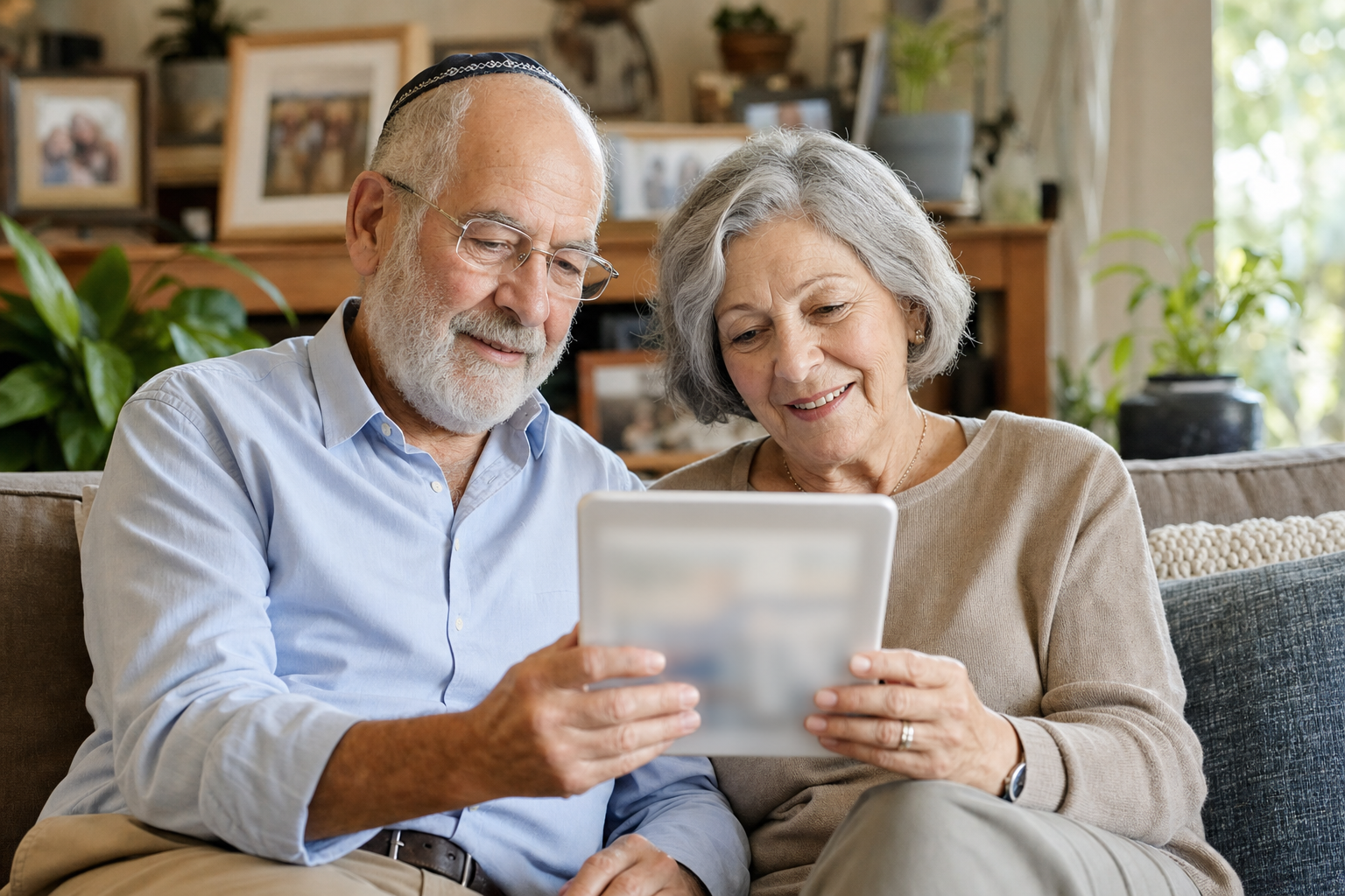 זוג פנסיונרים ישראלים מאושרים יושבים יחד ומסתכלים בטאבלט